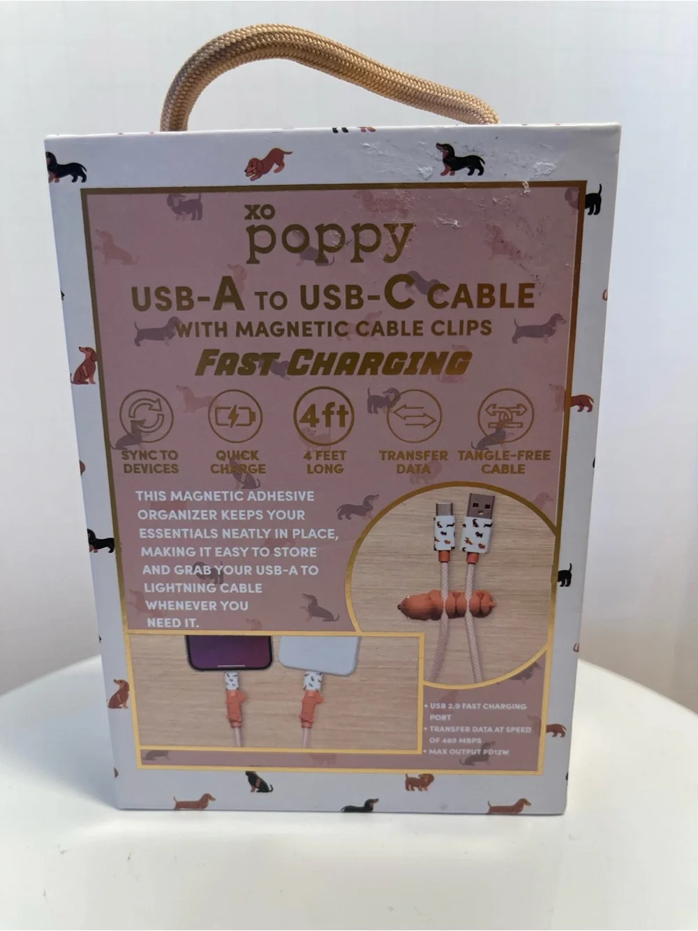 XO Poppy Dachshund Fast Charging USB-A to USB-C Cable w/Protectors 4ft - NWT **